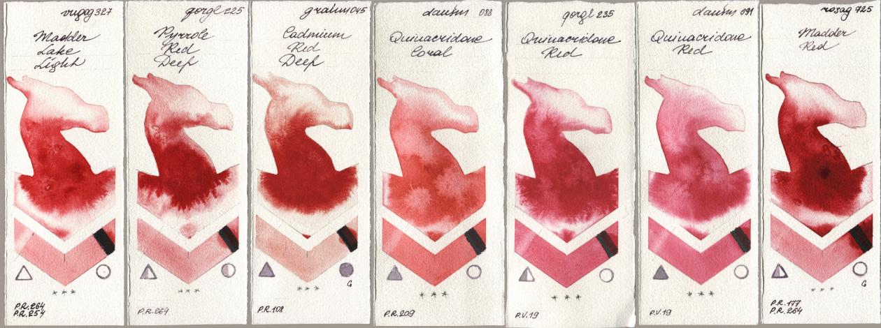 Royal Talens Van Gogh Watercolour 327 Madder Lake Light, Golden QOR 225 Pyrrole Red Deep, M. Graham & Co. Artists 045 Cadmium Red Deep, Daniel Smith 088 Quinacridone Coral, 235 Quinacridone Red, 091 Quinacridone Red, Rosa Gallery 725 Madder R watercolor swatch