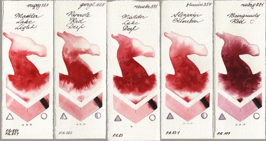 Royal Talens Van Gogh Watercolour 327 Madder Lake Light vs Golden QOR 225 Pyrrole Red Deep vs Royal Talens Rembrandt Watercolour 331 Madder Lake Deep vs Shminke Horadam Aquarell 357 Alizarin Crimson vs Rosa Gallery 781 Burgundy Red watercolor swatch