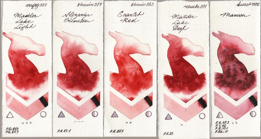 Royal Talens Van Gogh Watercolour 327 Madder Lake Light vs Shminke Horadam Aquarell 357 Alizarin Crimson vs 363 Scarlet Red vs Royal Talens Rembrandt Watercolour 331 Madder Lake Deep vs Kuretake Gansai Tambi 072 Maroon watercolor swatch