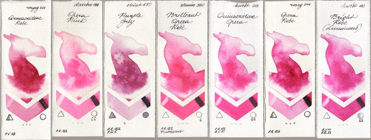 Royal Talens Van Gogh Watercolour 366 Quinacridone Rose, Daniel Smith 198 Opera Pink, Shinhan PWC 650 Purple Grey, Shminke Horadam Aquarell 920 Brilliant Opera Rose, Holbein Artists Watercolor 013 Opera (Quinacridone Opera), Rosa Gallery 744 Opera Rose, 170 Bright Rose (Luminou watercolor swatch