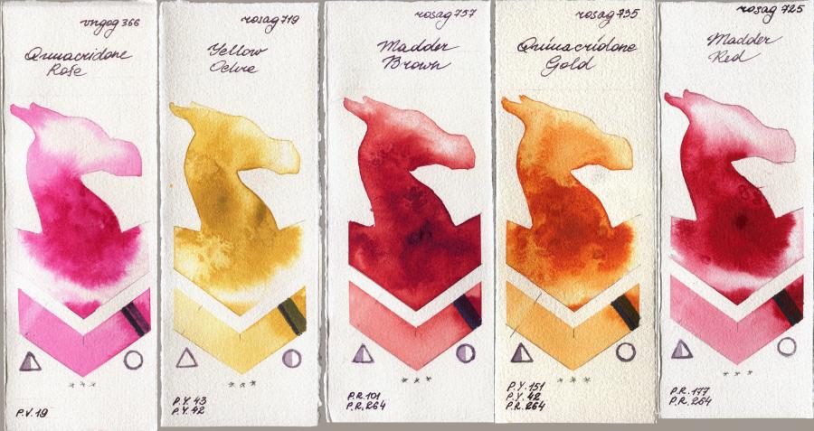 Royal Talens Van Gogh Watercolour 366 Quinacridone Rose vs Rosa Gallery 719 Yellow Ochre vs 757 Madder Brown vs 735 Quinacridone Gold vs 725 Madder Red watercolor swatch