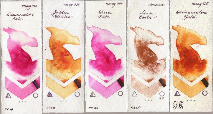 Royal Talens Van Gogh Watercolour 366 Quinacridone Rose vs Rosa Gallery 730 Golden Yellow vs 744 Opera Rose vs Daniel Smith 050 Lunar Earth vs 735 Quinacridone Gold watercolor swatch