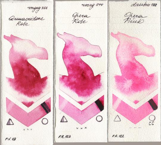 Royal Talens Van Gogh Watercolour 366 Quinacridone Rose, Rosa Gallery 744 Opera Rose, Daniel Smith 198 Opera Pi watercolor swatch
