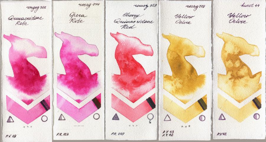 Royal Talens Van Gogh Watercolour 366 Quinacridone Rose vs Rosa Gallery 744 Opera Rose vs Roman Szmal Aquarius 329 Cherry Quinacridone Red vs 719 Yellow Ochre vs Kuretake Gansai Tambi 44 Yellow Ochre watercolor swatch