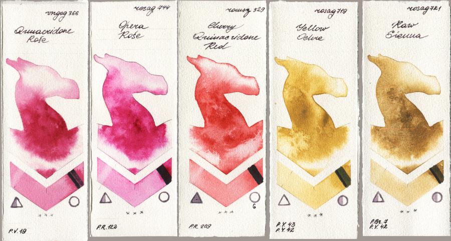 Royal Talens Van Gogh Watercolour 366 Quinacridone Rose vs Rosa Gallery 744 Opera Rose vs Roman Szmal Aquarius 329 Cherry Quinacridone Red vs 719 Yellow Ochre vs 721 Raw Sienna watercolor swatch