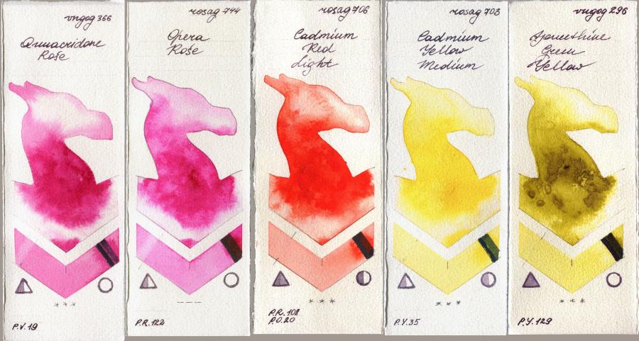 Royal Talens Van Gogh Watercolour 366 Quinacridone Rose vs Rosa Gallery 744 Opera Rose vs 706 Cadmium Red Light vs 703 Cadmium Yellow Medium vs 296 Azomethine Green Yellow watercolor swatch