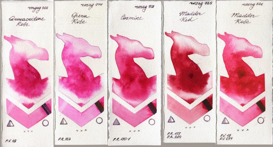 Van Gogh Watercolour 366 Quinacridone Rose vs Rosa Gallery 744 Opera Rose vs 708 Carmine vs 725 Madder Red vs 726 Madder Rose watercolor swatch