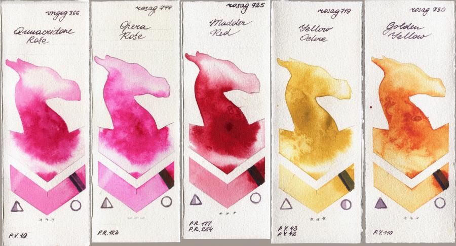 Royal Talens Van Gogh Watercolour 366 Quinacridone Rose vs Rosa Gallery 744 Opera Rose vs 725 Madder Red vs 719 Yellow Ochre vs 730 Golden Yellow watercolor swatch