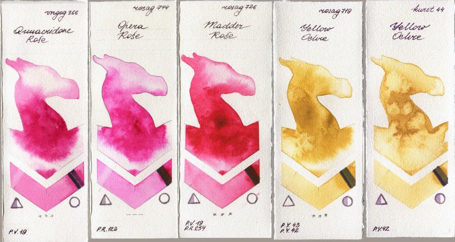 Royal Talens Van Gogh Watercolour 366 Quinacridone Rose vs Rosa Gallery 744 Opera Rose vs 726 Madder Rose vs 719 Yellow Ochre vs Kuretake Gansai Tambi 44 Yellow Ochre watercolor swatch