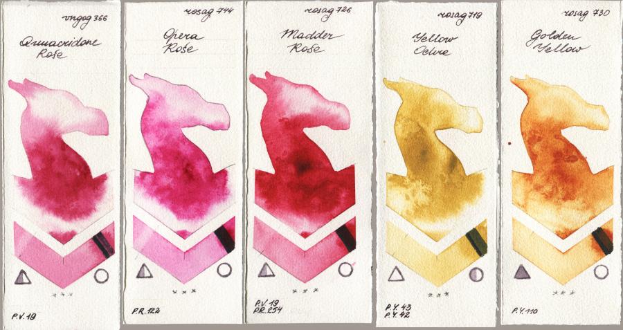 Royal Talens Van Gogh Watercolour 366 Quinacridone Rose vs Rosa Gallery 744 Opera Rose vs 726 Madder Rose vs 719 Yellow Ochre vs 730 Golden Yellow watercolor swatch