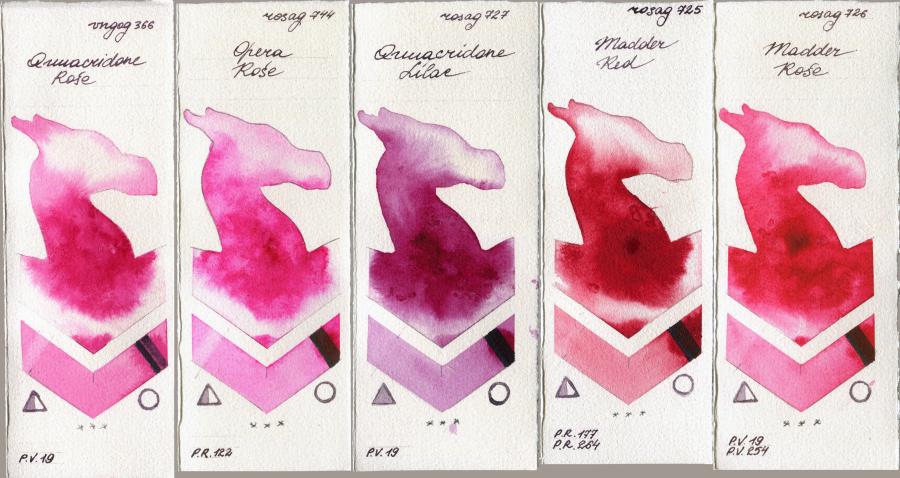 Van Gogh Watercolour 366 Quinacridone Rose vs Rosa Gallery 744 Opera Rose vs 727 Quinacridone Lilac vs 725 Madder Red vs 726 Madder Rose watercolor swatch