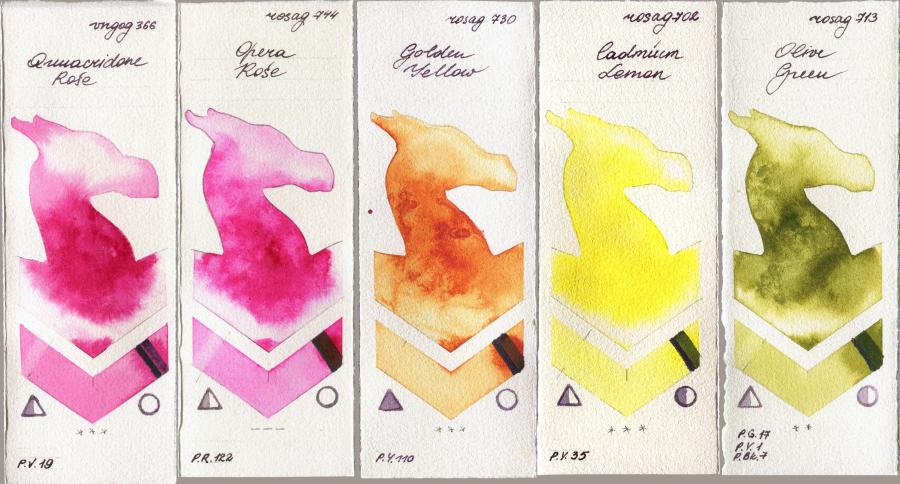 Royal Talens Van Gogh Watercolour 366 Quinacridone Rose vs Rosa Gallery 744 Opera Rose vs 730 Golden Yellow vs 702 Cadmium Lemon vs 713 Olive Green watercolor swatch