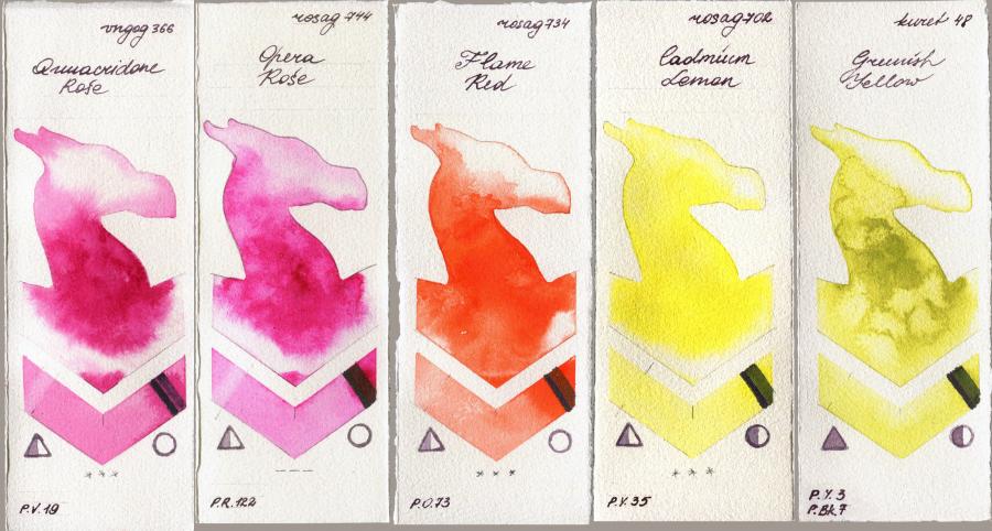 Royal Talens Van Gogh Watercolour 366 Quinacridone Rose vs Rosa Gallery 744 Opera Rose vs 734 Flame Red vs 702 Cadmium Lemon vs Kuretake Gansai Tambi 48 Greenish Yellow watercolor swatch