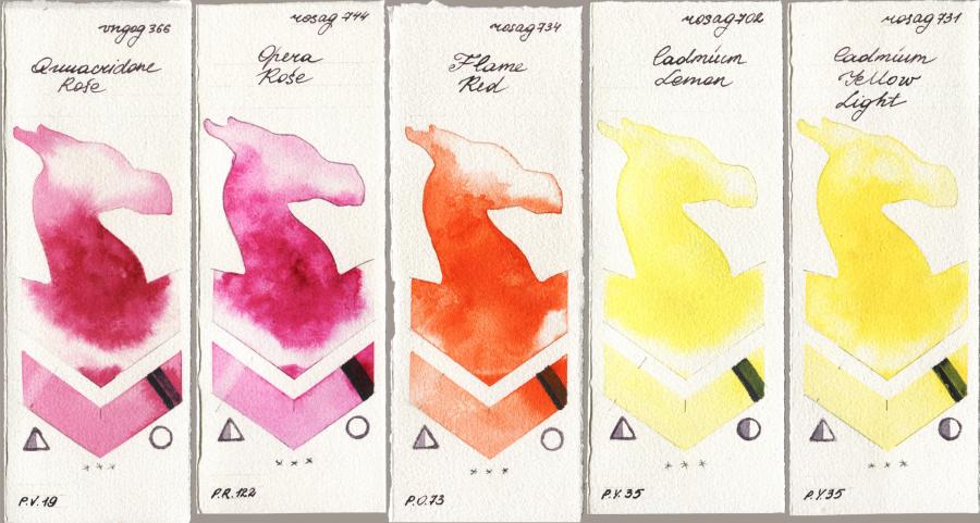 Royal Talens Van Gogh Watercolour 366 Quinacridone Rose vs Rosa Gallery 744 Opera Rose vs 734 Flame Red vs 702 Cadmium Lemon vs 731 Cadmium Yellow Light watercolor swatch