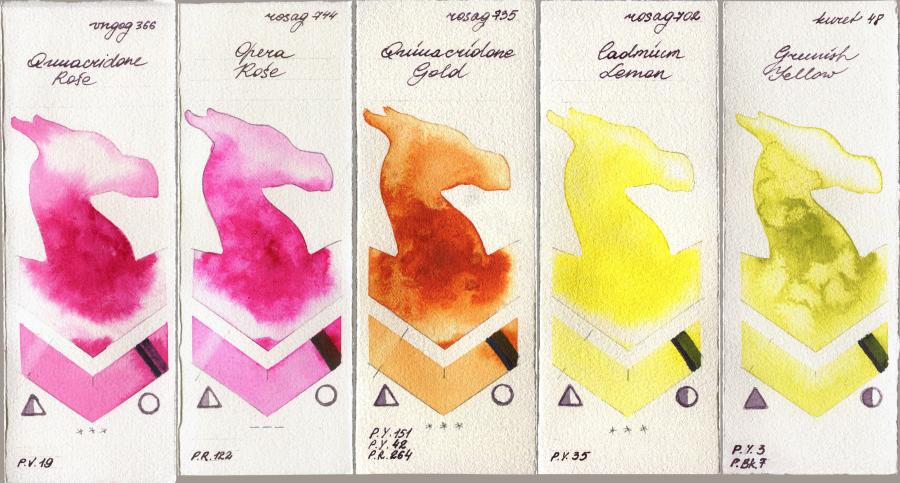 Royal Talens Van Gogh Watercolour 366 Quinacridone Rose vs Rosa Gallery 744 Opera Rose vs 735 Quinacridone Gold vs 702 Cadmium Lemon vs Kuretake Gansai Tambi 48 Greenish Yellow watercolor swatch