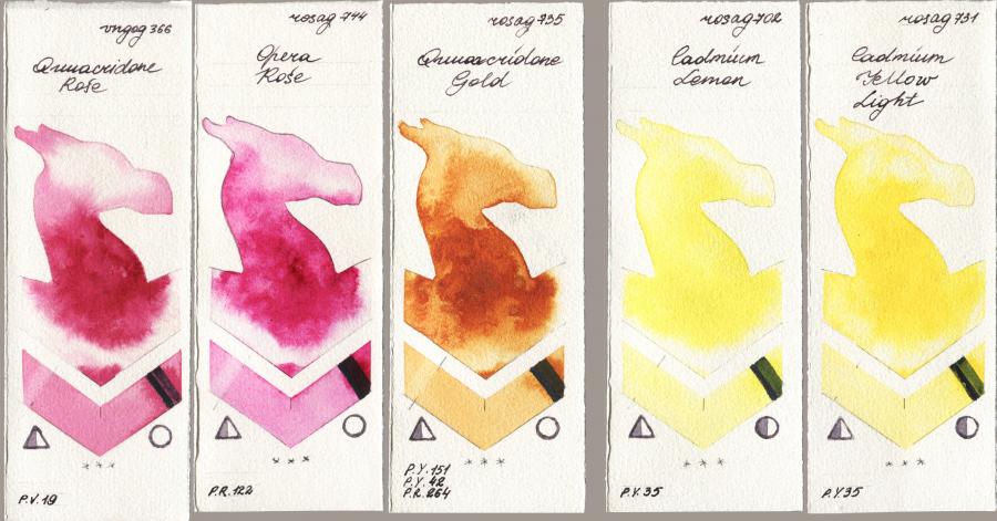 Royal Talens Van Gogh Watercolour 366 Quinacridone Rose vs Rosa Gallery 744 Opera Rose vs 735 Quinacridone Gold vs 702 Cadmium Lemon vs 731 Cadmium Yellow Light watercolor swatch