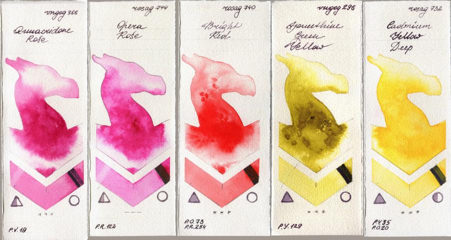 Royal Talens Van Gogh Watercolour 366 Quinacridone Rose vs Rosa Gallery 744 Opera Rose vs 740 Bright Red vs 296 Azomethine Green Yellow vs 732 Cadmium Yellow Deep watercolor swatch