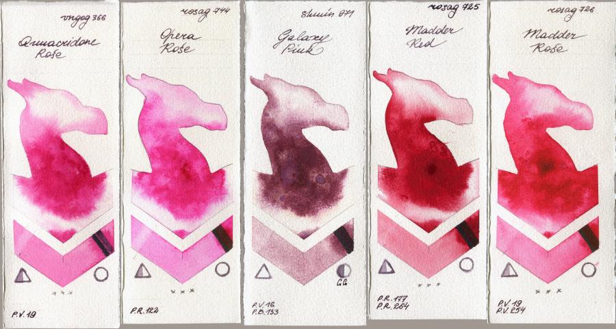 Van Gogh Watercolour 366 Quinacridone Rose vs Rosa Gallery 744 Opera Rose vs Shminke Horadam Aquarell 971 Galaxy Pink vs 725 Madder Red vs 726 Madder Rose watercolor swatch