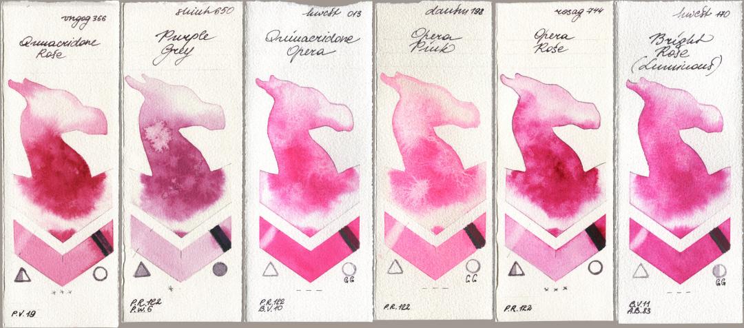 Royal Talens Van Gogh Watercolour 366 Quinacridone Rose, Shinhan PWC 650 Purple Grey, Holbein Artists Watercolor 013 Opera (Quinacridone Opera), Daniel Smith 198 Opera Pink, Rosa Gallery 744 Opera Rose, 170 Bright Rose (Luminou watercolor swatch