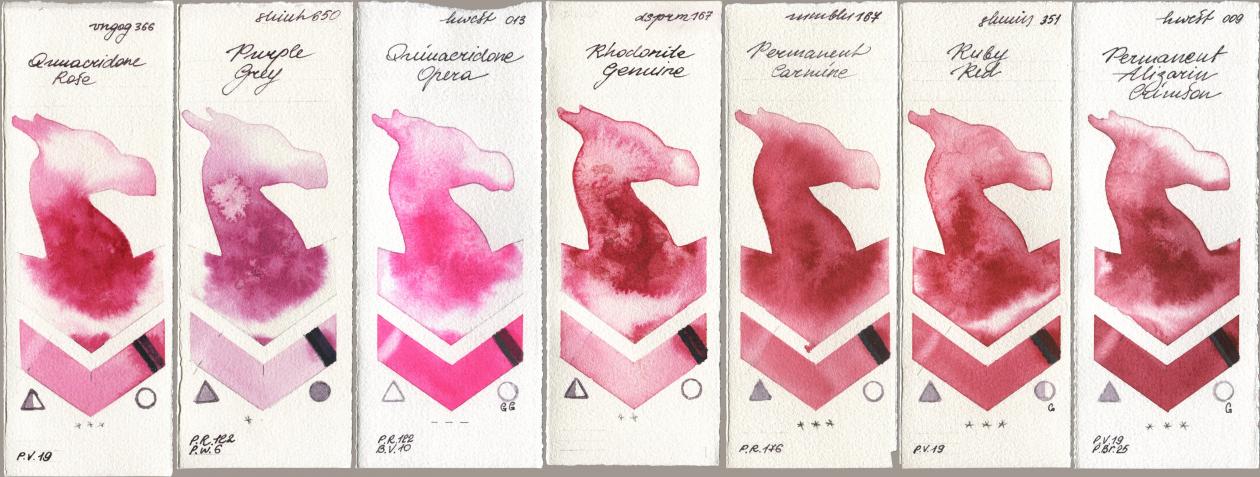 Royal Talens Van Gogh Watercolour 366 Quinacridone Rose, Shinhan PWC 650 Purple Grey, Holbein Artists Watercolor 013 Opera (Quinacridone Opera), Daniel Smith 167 Rhodonite Genuine, Maimeri Blu 167 Permanent Carmine, Shminke Horadam Aquarell 351 Ruby Red, 009 Permanent Alizarin Crims watercolor swatch