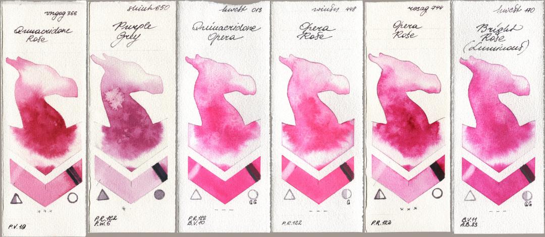 Royal Talens Van Gogh Watercolour 366 Quinacridone Rose, Shinhan PWC 650 Purple Grey, Holbein Artists Watercolor 013 Opera (Quinacridone Opera), Winsor & Newton Professional 448 Opera Rose, Rosa Gallery 744 Opera Rose, 170 Bright Rose (Luminou watercolor swatch