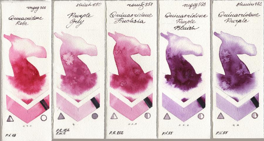 Royal Talens Van Gogh Watercolour 366 Quinacridone Rose vs Shinhan PWC 650 Purple Grey vs Roman Szmal Aquarius 358 Quinacridone Fuchsia vs 593 Quinacridone Purple Bluish vs Shminke Horadam Aquarell 472 Quinacridone Purple watercolor swatch