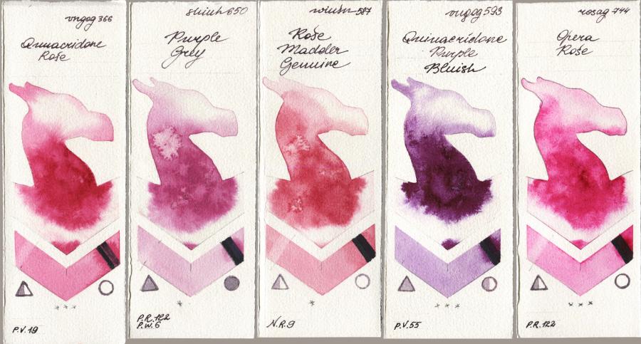 Royal Talens Van Gogh Watercolour 366 Quinacridone Rose vs Shinhan PWC 650 Purple Grey vs Winsor & Newton Professional 587 Rose Madder Genuine vs 593 Quinacridone Purple Bluish vs Rosa Gallery 744 Opera Rose watercolor swatch