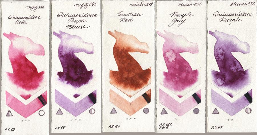 Royal Talens Van Gogh Watercolour 366 Quinacridone Rose vs 593 Quinacridone Purple Bluish vs Winsor & Newton Professional 678 Venetian Red vs Shinhan PWC 650 Purple Grey vs Shminke Horadam Aquarell 472 Quinacridone Purple watercolor swatch