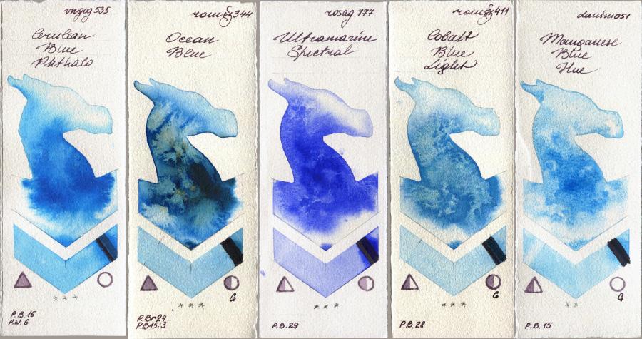 Royal Talens Van Gogh Watercolour 535 Cerulean Blue Phthalo vs Roman Szmal Aquarius 344 Ocean Blue vs Rosa Gallery 777 Ultramarine Spectral vs 411 Cobalt Blue Light vs Daniel Smith 051 Manganese Blue Hue watercolor swatch
