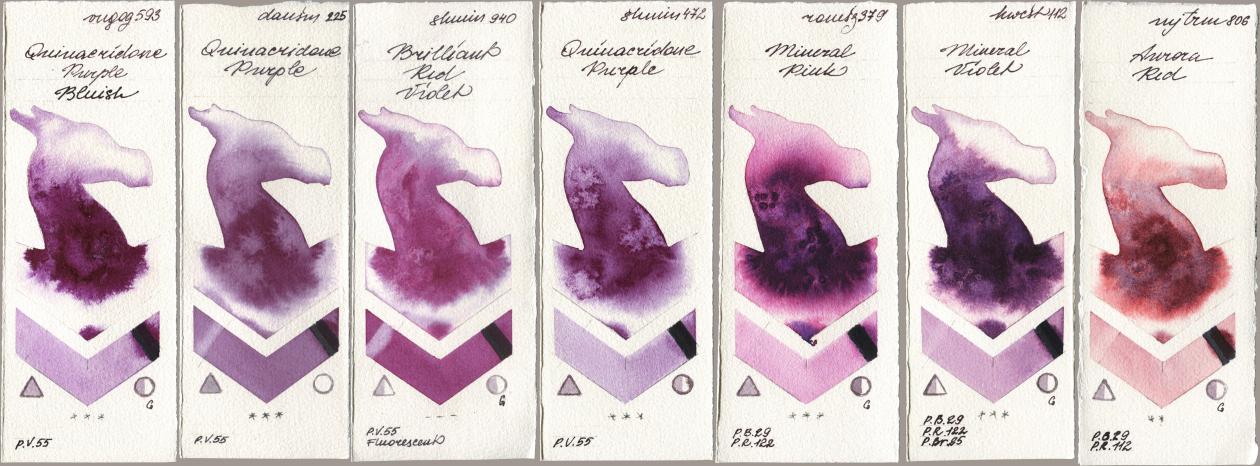 Royal Talens Van Gogh Watercolour 593 Quinacridone Purple Bluish, Daniel Smith 225 Quinacridone Purple, Shminke Horadam Aquarell 940 Brilliant Red Violet, 472 Quinacridone Purple, Roman Szmal Aquarius 379 Mineral Pink, Holbein Artists Watercolor 112 Mineral Violet, Mijello Mission Gold 806 Aurora R watercolor swatch