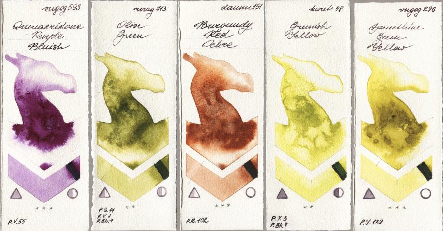 Royal Talens Van Gogh Watercolour 593 Quinacridone Purple Bluish vs Rosa Gallery 713 Olive Green vs Daniel Smith 151 Burgundy Red Ochre vs Kuretake Gansai Tambi 048 Greenish Yellow vs 296 Azomethine Green Yellow watercolor swatch