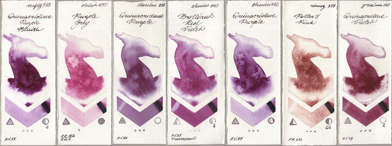 Royal Talens Van Gogh Watercolour 593 Quinacridone Purple Bluish, Shinhan PWC 650 Purple Grey, Daniel Smith 225 Quinacridone Purple, Shminke Horadam Aquarell 940 Brilliant Red Violet, 472 Quinacridone Purple, Roman Szmal Aquarius 359 Potters Pink, M. Graham & Co. Artists 158 Quinacridone Viol watercolor swatch