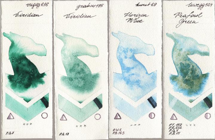 Royal Talens Van Gogh Watercolour 616 Viridian vs M. Graham & Co. Artists 195 Viridian vs Kuretake Gansai Tambi 069 Horizon Blue vs Holbein Artists Watercolor 524 Peafowl Green watercolor swatch