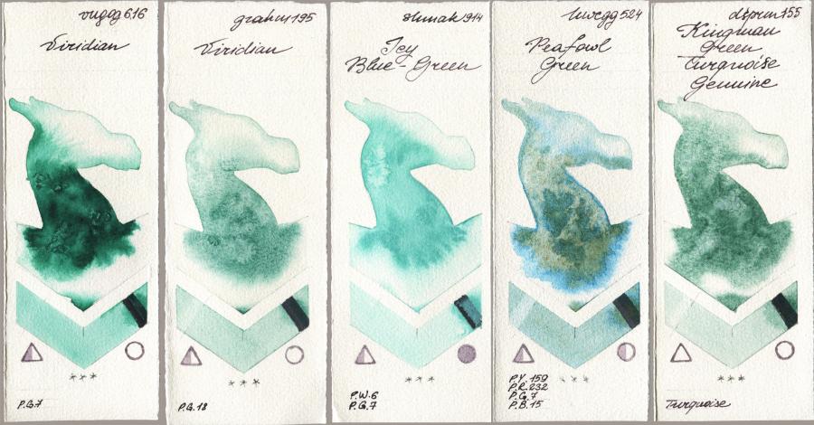 Royal Talens Van Gogh Watercolour 616 Viridian vs M. Graham & Co. Artists 195 Viridian vs Shminke Akademie Aquarell 914 Icy Blue-Green vs Holbein Artists Watercolor 524 Peafowl Green vs Daniel Smith 155 Kingman Green Turquoise Genuine watercolor swatch