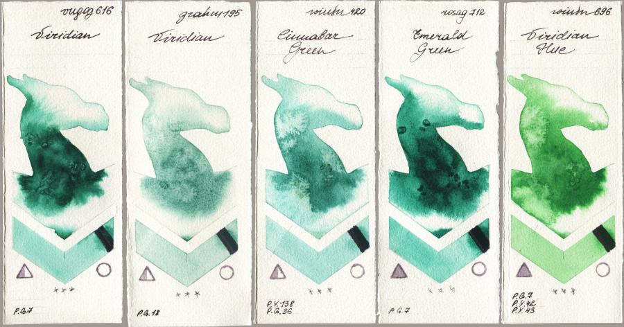 Royal Talens Van Gogh Watercolour 616 Viridian vs M. Graham & Co. Artists 195 Viridian vs Winsor & Newton Professional 420 Cinnabar Green vs Rosa Gallery 712 Emerald Green vs 696 Viridian Hue watercolor swatch
