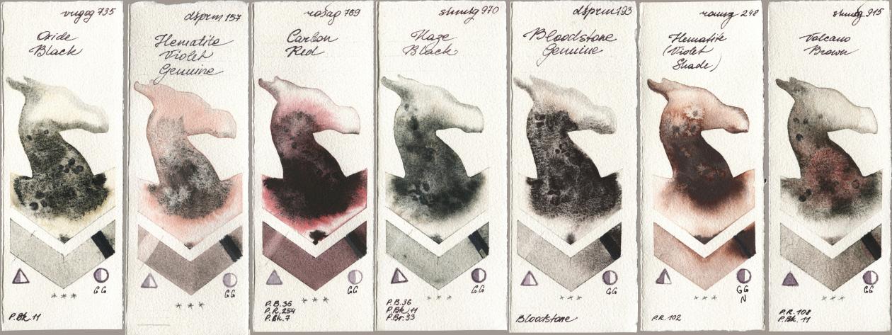 Royal Talens Van Gogh Watercolour 735 Oxide Black, Daniel Smith 157 Hematite Violet Genuine, Rosa Gallery 769 Carbon Red, Shminke Horadam Aquarell 970 Haze Black, 193 Bloodstone Genuine, Roman Szmal Aquarius 248 Hematite (Violet Shade), 915 Volcano Bro watercolor swatch