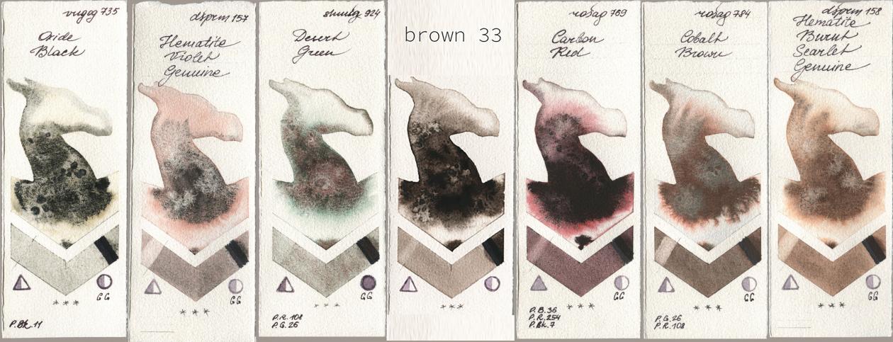 Royal Talens Van Gogh Watercolour 735 Oxide Black, Daniel Smith 157 Hematite Violet Genuine, Shminke Horadam Aquarell 924 Desert Green, my 033 brown33, Rosa Gallery 769 Carbon Red, 784 Cobalt Brown, 158 Hematite Burnt Scarlet Genui watercolor swatch