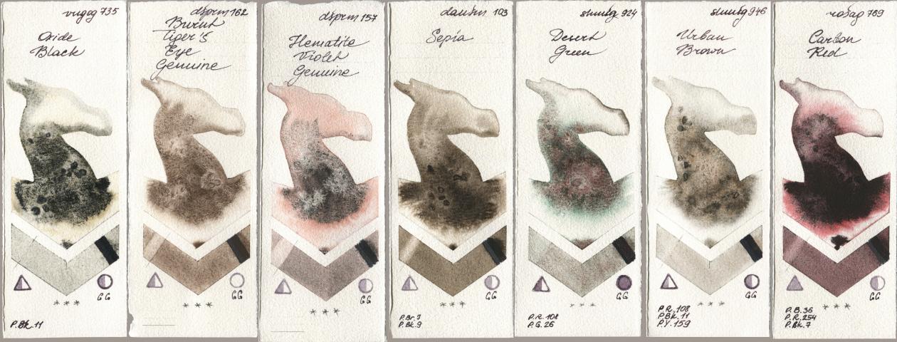 Royal Talens Van Gogh Watercolour 735 Oxide Black, Daniel Smith 162 Burnt Tigers Eye Genuine, 157 Hematite Violet Genuine, 103 Sepia, Shminke Horadam Aquarell 924 Desert Green, 946 Urban Brown, Rosa Gallery 769 Carbon R watercolor swatch
