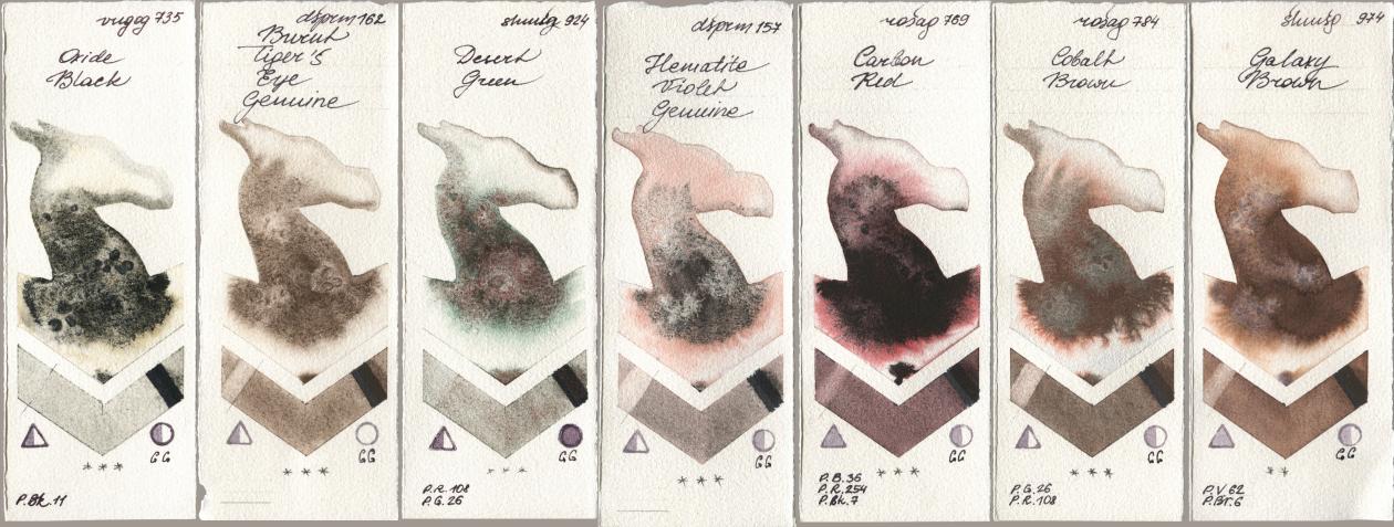 Royal Talens Van Gogh Watercolour 735 Oxide Black, Daniel Smith 162 Burnt Tigers Eye Genuine, Shminke Horadam Aquarell 924 Desert Green, 157 Hematite Violet Genuine, Rosa Gallery 769 Carbon Red, 784 Cobalt Brown, 974 Galaxy Bro watercolor swatch