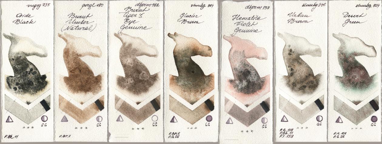 Royal Talens Van Gogh Watercolour 735 Oxide Black, Golden QOR 480 Burnt Umber (Natural), Daniel Smith 162 Burnt Tigers Eye Genuine, Shminke Horadam Aquarell 964 Glacier Brown, 157 Hematite Violet Genuine, 946 Urban Brown, 924 Desert Gre watercolor swatch