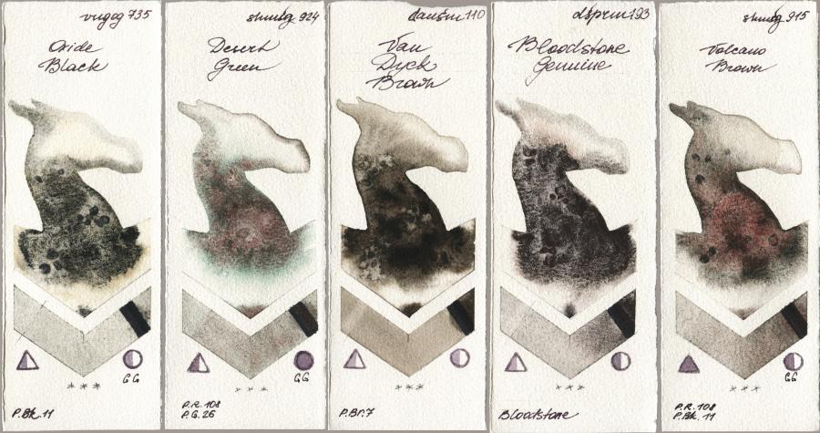 Royal Talens Van Gogh Watercolour 735 Oxide Black vs Shminke Horadam Aquarell 924 Desert Green vs Daniel Smith 110 Van Dyck Brown vs 193 Bloodstone Genuine vs 915 Volcano Brown watercolor swatch
