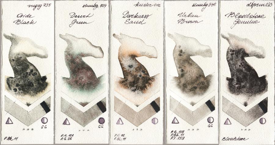Royal Talens Van Gogh Watercolour 735 Oxide Black vs Shminke Horadam Aquarell 924 Desert Green vs Kusakabe 012 Darkness Sand vs 946 Urban Brown vs Daniel Smith 193 Bloodstone Genuine watercolor swatch