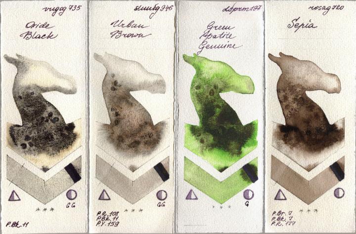 Royal Talens Van Gogh Watercolour 735 Oxide Black vs Shminke Horadam Aquarell 946 Urban Brown vs Daniel Smith 197 Green Apatite Genuine vs Rosa Gallery 720 Sepia watercolor swatch