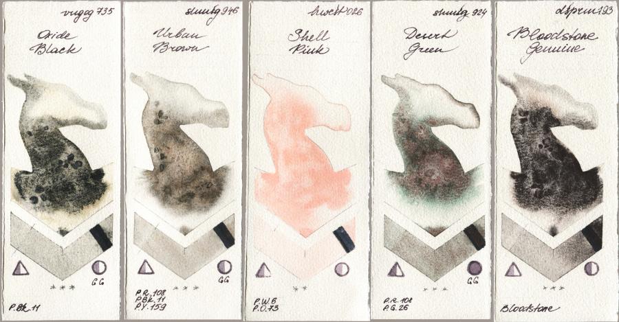 Royal Talens Van Gogh Watercolour 735 Oxide Black vs Shminke Horadam Aquarell 946 Urban Brown vs Holbein Artists Watercolor 026 Shell Pink vs 924 Desert Green vs Daniel Smith 193 Bloodstone Genuine watercolor swatch