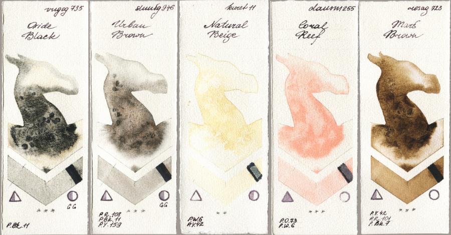 Royal Talens Van Gogh Watercolour 735 Oxide Black vs Shminke Horadam Aquarell 946 Urban Brown vs Kuretake Gansai Tambi 011 Natural Beige vs Daniel Smith 255 Coral Reef vs Rosa Gallery 723 Mars Brown watercolor swatch