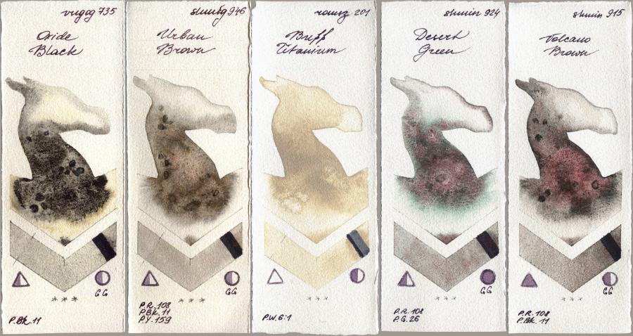 Royal Talens Van Gogh Watercolour 735 Oxide Black vs Shminke Horadam Aquarell 946 Urban Brown vs Roman Szmal Aquarius 201 Buff Titanium vs 924 Desert Green vs 915 Volcano Brown watercolor swatch