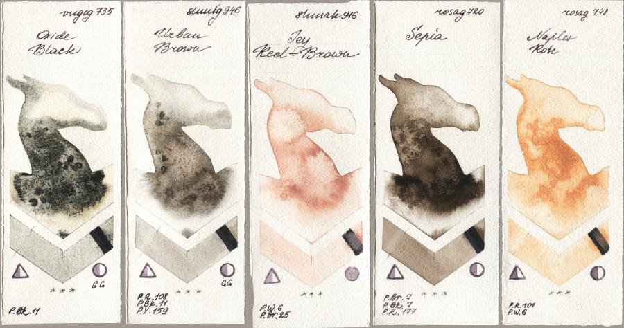 Royal Talens Van Gogh Watercolour 735 Oxide Black vs Shminke Horadam Aquarell 946 Urban Brown vs Shminke Akademie Aquarell 916 Icy Red-Brown vs Rosa Gallery 720 Sepia vs 748 Naples Rose watercolor swatch