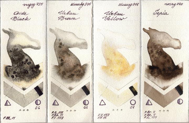 Royal Talens Van Gogh Watercolour 735 Oxide Black vs Shminke Horadam Aquarell 946 Urban Brown vs 916 Urban Yellow vs Rosa Gallery 720 Sepia watercolor swatch