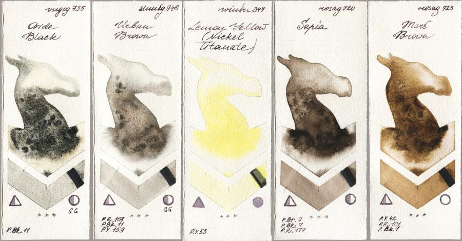 Royal Talens Van Gogh Watercolour 735 Oxide Black vs Shminke Horadam Aquarell 946 Urban Brown vs Winsor & Newton Professional 347 Lemon Yellow (Nickel Titanate) vs Rosa Gallery 720 Sepia vs 723 Mars Brown watercolor swatch