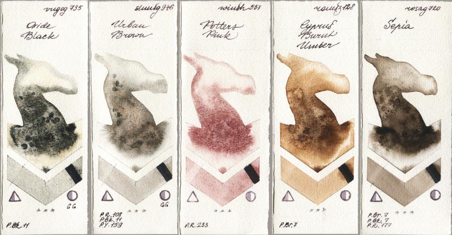 Royal Talens Van Gogh Watercolour 735 Oxide Black vs Shminke Horadam Aquarell 946 Urban Brown vs Winsor & Newton Professional 537 Potters Pink vs Roman Szmal Aquarius 128 Cyprus Burnt Umber vs Rosa Gallery 720 Sepia watercolor swatch